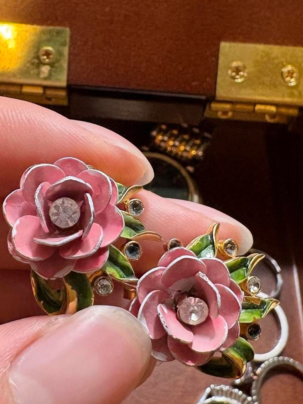 Trifari Pink Enamel Floral Clip-On Earrings with Green Leaves and Clear Stones